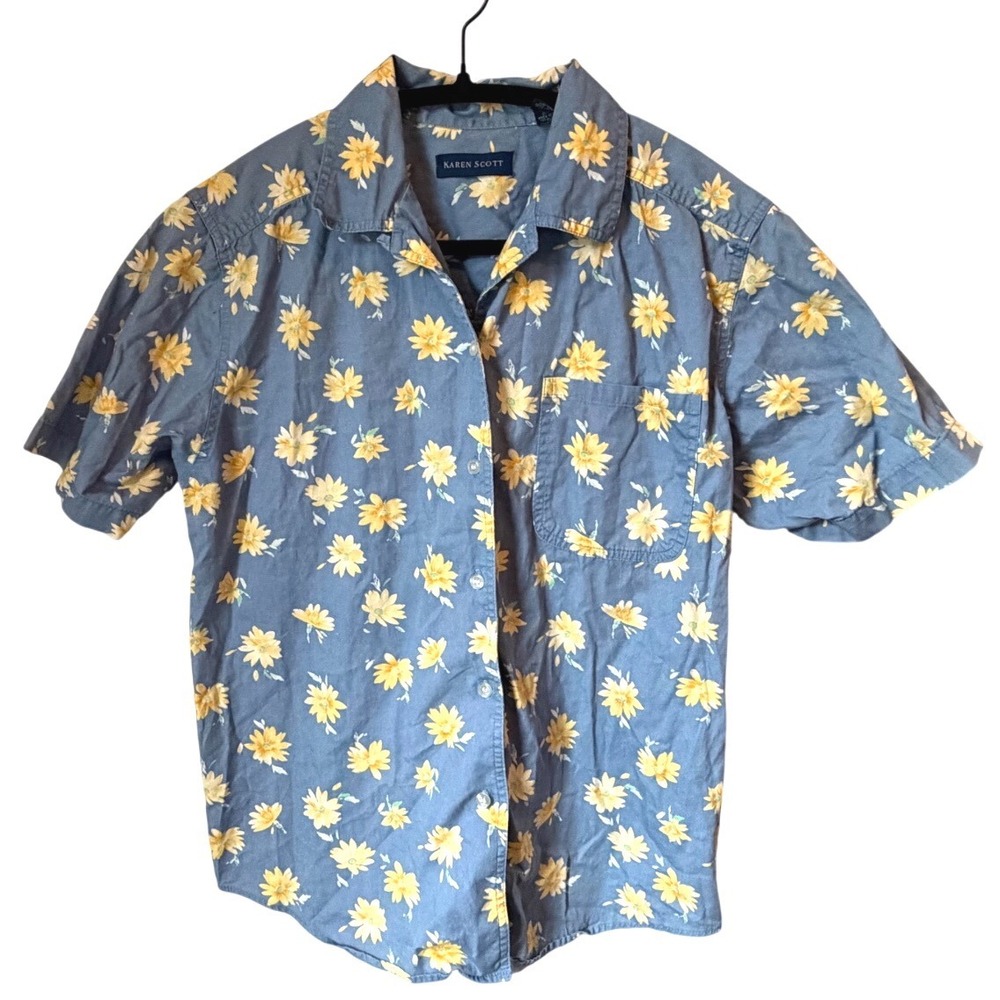 Karen Scott Womens Blue Yellow Floral Daisy Button‎ Up Shirt Short Sleeve Small